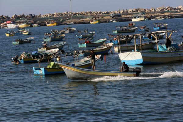 Palestinian fishing boats near the shore at the Port of Gaza, Gaza City, 2019.