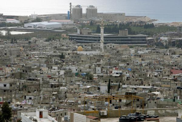 Aerial view of the crowded Palestinian Ein El-Helwah refugee camp.