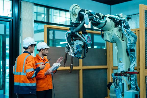 Engineers work in a robotics facility.