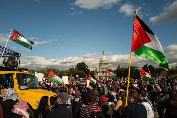 Large protest demanding a ceasefire in Gaza with the US Capitol Building in view. Many protestors carry Palestinian flags and wear kuffiyehs.