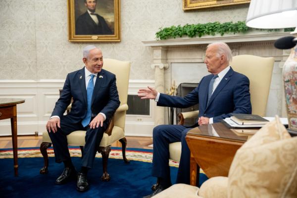 President Joe Biden meets with Israeli Prime Minister Benjamin Netanyahu in the Oval Office of the White House during Israel's genocide in Gaza.