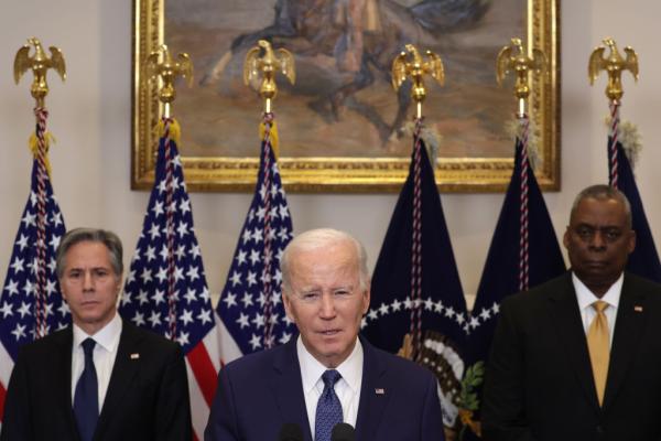 President Joe Biden speaks at a press conference. He is joined by Secretary of State Antony Blinken and Secretary of Defense Lloyd Austin.