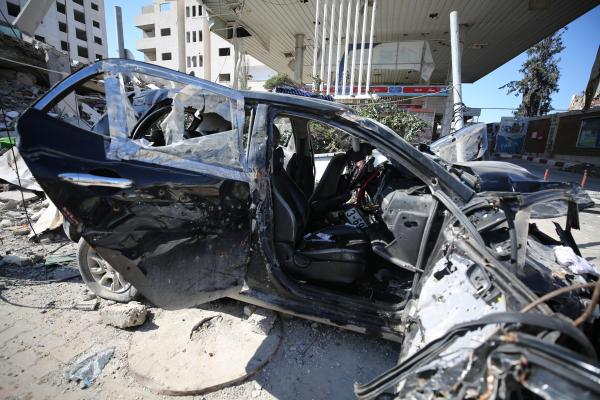 The destroyed car in which Hind Rajab and her relatives were killed. The vehicle shows damage from Israeli tank shelling and 300 bullet holes.