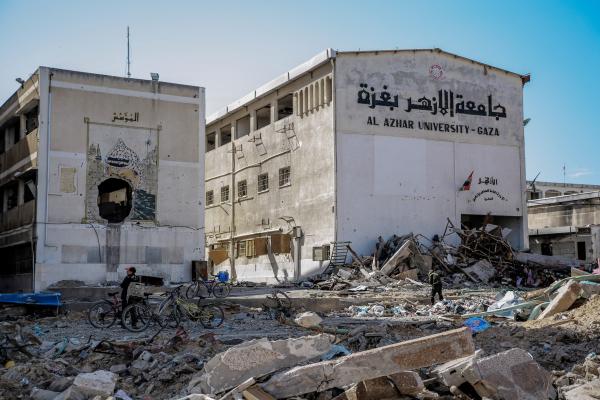 Destruction of buildings on the campus of Al-Azhar University-Gaza.