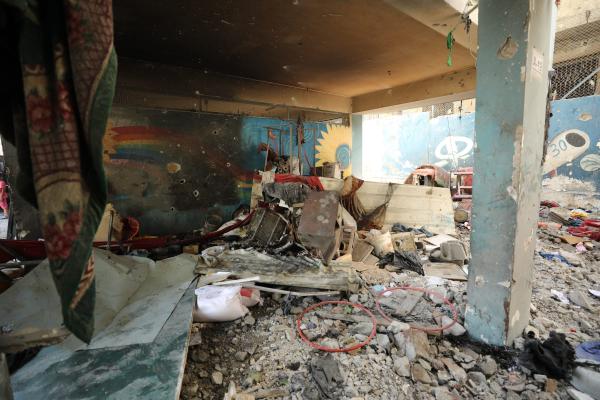 Interior view of a classroom of a bombed school in Gaza.