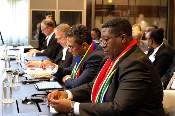  South Africa's ambassador to the Netherlands, Vusimuzi Madonsela, and legal advisor of South Africa's ICJ delegation, Cornelius Scholt, are pictured after they presented their arguments to the ICJ during their genocide case against Israel. In this hearing, the South African team called for judges to order Israel to halt its Rafah offensive. May 16, 2024.