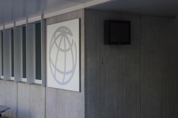 Facade of the World Bank building featuring the organization's logo.