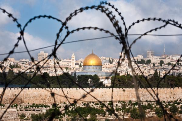 A view of Jerusalem behind barbed wire.