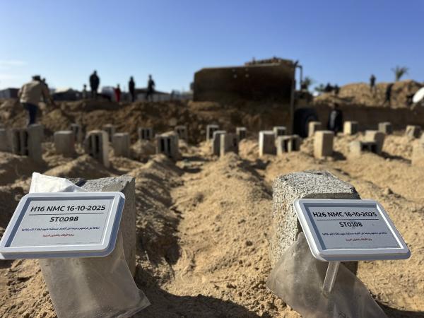 A view of a mass burial site in Gaza with concrete blocks with identification codes rather than names over each victim of Israel's genocide. Deir al-Balah, Gaza Strip, December 1, 2025.