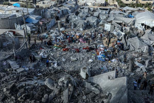 An aerial view of the aftermath of an Israeli airstrike on a displacement tent encampment in Al-Mawasi, Khan Yunis on June 7, 2026.