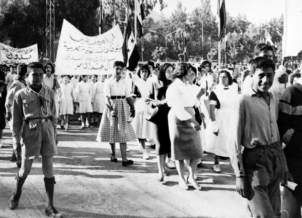 At a rally in Damascus, Syria in 1960, demonstrators commemorate the anniversary of the Nakba.