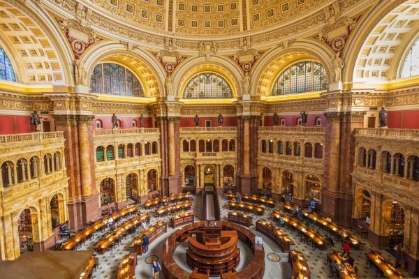 An image of an interior reading room at the Library of Congress in Washington, DC.