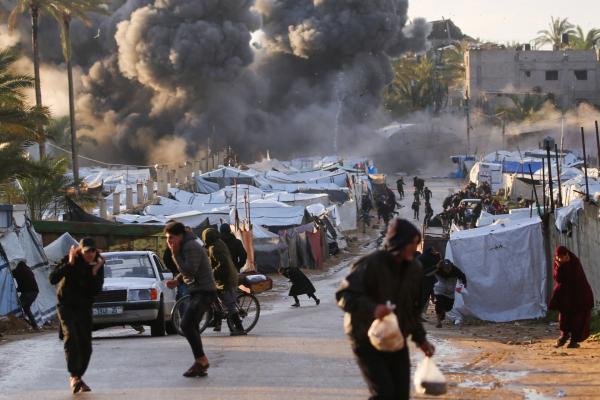 Israeli airstrike over a tent encampment shelting displaced Palestinians in Deir al-Balah during the Gaza Ceasefire. March 25, 2026.