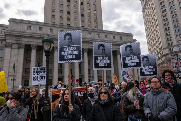Hundreds turn out outside of a New York court to protest the arrest and detention of Mahmoud Khalil, a green card holder and recent Columbia graduate who played a role in pro-Palestinian protests at the university on March 12, 2025 in New York City. 