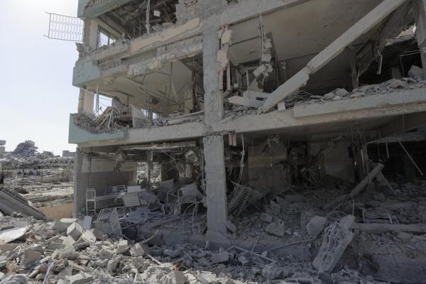 A general view of the Rantisi Children's Hospital in Gaza City, Gaza, reveals heavy destruction left behind by Israeli forces following their withdrawal after the ceasefire agreement, on October 11, 2025. The Israeli army had targeted the upper floors of the hospital on September 17, causing significant damage to both the building and medical equipment inside. 